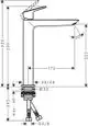 Hansgrohe Waschtischmischer mit einem Hebel und schmalem Körper, dargestellt mit technischen Abmessungen und Anschlussdetails in einem schematischen Diagramm.